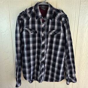 Men's Irreverent Plaid Pearl Snap Casual Shirt in Black and White, Size Large